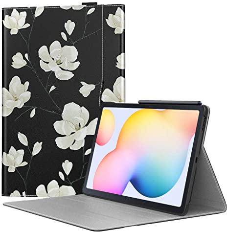 MoKo Case Compatible with Galaxy Tab S6 Lite 2020, Ultra-Slim PU Smart Folding Stand Cover Shell Sleeve Case with Auto-Wake/Sleep Fit Galaxy Tab S6 Lite 10.4 2020 SM-P610/P615 - Black & White Magnolia