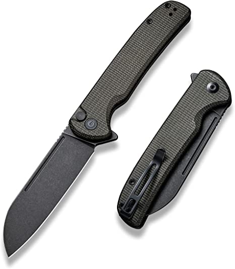 CIVIVI Chevalier Folding Pocket Knife, Button Lock EDC Knife 3.46" Stonewashed 14C28N Sheepsfoot Blade Micarta Handle, Utility Knife for Hiking Camping Fishing Work Outdoor