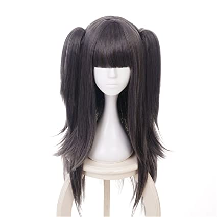 Xingwang Queen Women Girls' Cosplay Wig Long Straight Black Gray Mixed A Little Purple Hair Synthetic Wigs with two Ponytails