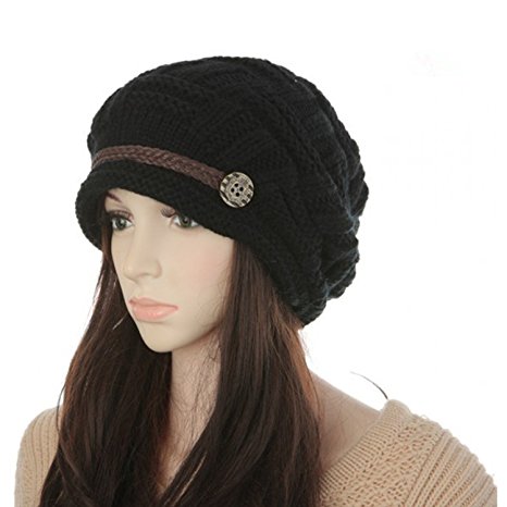 Women's Winter Knit Beanie Cap Warm Earmuffs Slouchy Hat Chunky Cap Button Strap Cap