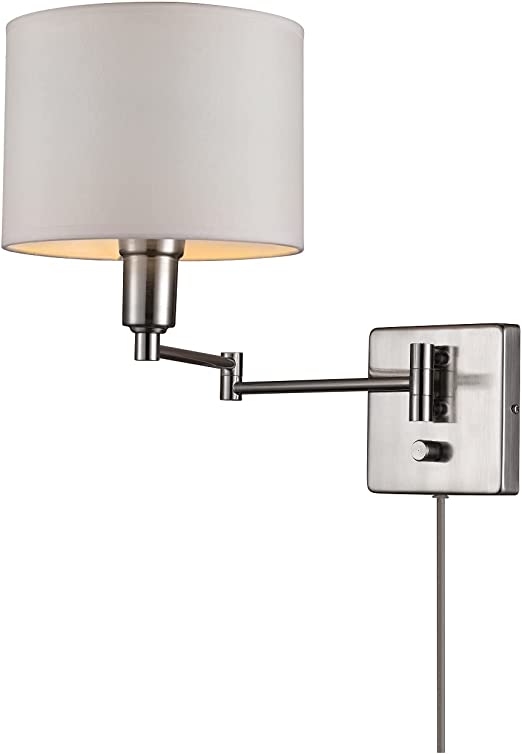 Globe Electric 65292 Bernard 1-Light Plug-in or Hardwire Wall Sconce, Brushed Steel Finish, White Fabric Shade, 6ft Clear Cord, Rotary On/Off Switch