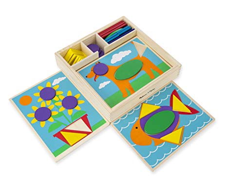 Melissa & Doug Beginner Wooden Pattern Blocks Educational Toy With 5 Double-Sided Scenes and 30 Shapes