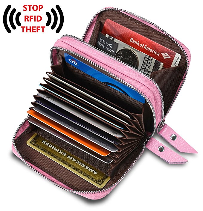 Women’s Genuine Leather RFID Secure Spacious Cute Zipper Card Wallet Small Purse