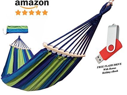 Best HAMMOCK LIGHTWEIGHT for Travel, Picnic, Camping, Backpacking, Beach, & Yard, Soft Cotton, Bonus Flash Drive Included with Holiday PDF eBook