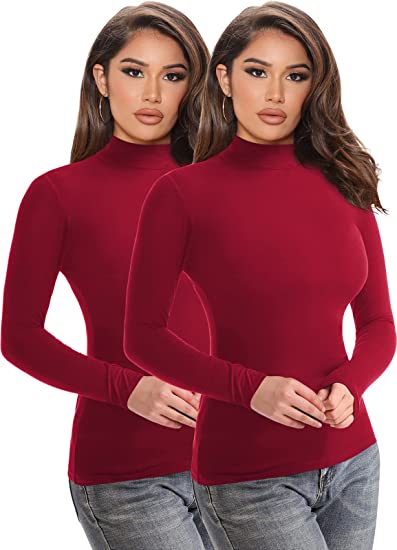 Mrignt 2 Pack Women’s Turtleneck Slim Fit Tops Long Sleeve Soft Polyester Fleece Lined Base Layer Shirts