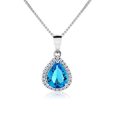B.Catcher 925 Sterling Silver Cubic Zirconia Ocean Blue Heart Drop Style Pendent Necklace Chain 18" with Free Extended Chain 3.5" (Adjustable: 18" ~ 21.5")