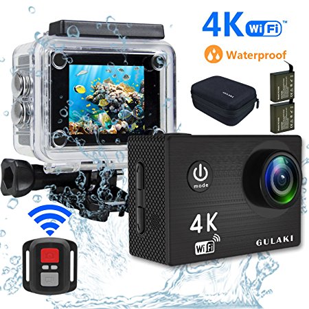 4K Action Camera Waterproof, GULAKI Action Cam Mini Sports Camera with WIFI Remote Control 170 Degree HD Video Wide Angle Full Accessories Kits Case Include 2 Rechargeable Battery