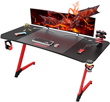 LEMBERI 63 inch Gaming Desk, Z-Shaped Computer Desk with Free Large Mouse Pad, Professional Game Work Station, PC Gamer Table with USB Gaming Handle Rack, Stand Cup Holder&Headphone Hook(63", Red)