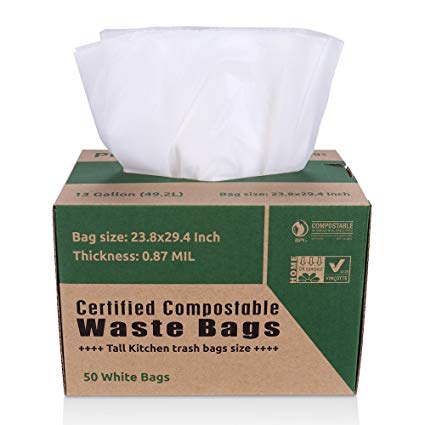 Primode 100% Compostable Bags, 13 Gallon Food Scraps Yard Waste Bags, Extra Thick 0.87 Mil. ASTMD6400 Biodegradable Compost Bags Small Kitchen Trash Bags, Certified by BPI and VINCETTE, (50)