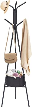 VECELO Coat Rack Freestanding,Hall Trees with Storage Basket,Entryway Clothes Stand with Shelf for Hat,Bags,Scarf Trees with 6 Hooks,Rustic Brown and Black