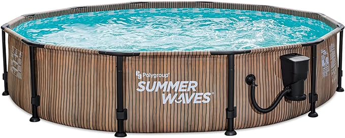 Summer Waves Natural Teak Elite 12 Foot by 30 Inch Outdoor Backyard Round Frame Above Ground Swimming Pool Set with Filtration Pump