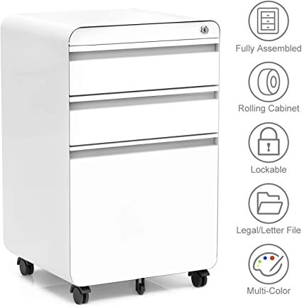 Dprodo 3 Drawers Mobile File Cabinet with Lock, Metal Filing Cabinet for Legal & Letter Size, Fully Assembled Locking File Cabinet for Home & Office,White
