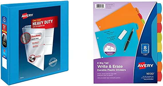 Avery Heavy-Duty View 3 Ring Binder, 2" One Touch Slant Rings & Big Tab Write & Erase Durable Plastic Dividers for 3 Ring Binders, 8-Tab Set, Bright Multicolor, 1 Set (16130)