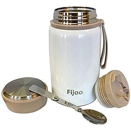 Fijoo 27oz Stainless Steel Thermos Food Jar   Folding Spoon - Best Triple Wall Vacuum Insulated - Hot Soup & Cold Meals Storage Container - Food Grade, Unbreakable, Leak Proof, BPA Free (White)