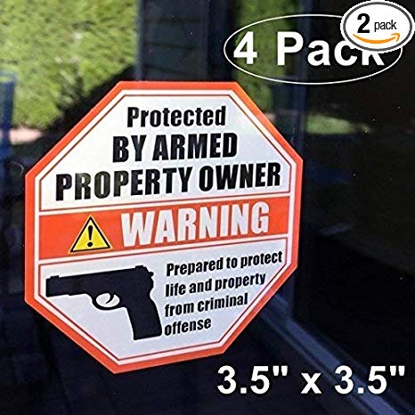 eSplanade Front Self Adhesive Vinyl Outdoor/Indoor (4 Pack) 3.5" X 3.5" Protected by Armed Property Owner Home Business Window Door Gun Handgun Warning Signs Alert Sticker Decals