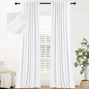 INOVADAY 100% White Blackout Curtains 72 Inches Long 2 Panels Set Back Tab/Rod Pocket Linen Blackout Curtains Thermal Insulated Room Darkening Drapes for Bedroom Living Room 52''W x 72''L Bright White