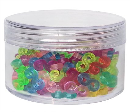 200 Transparent Colored "S" Clips in Plastic Container with Lid for Closure on Loom Band Bracelets