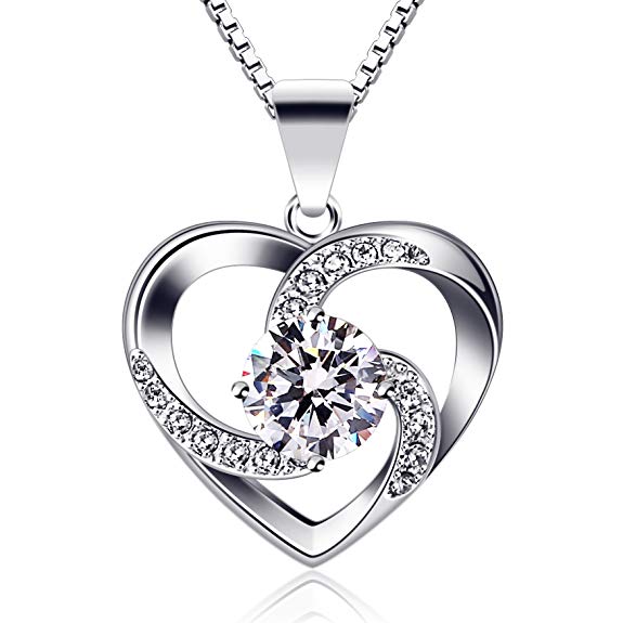 B.Catcher Necklace Chain with Love Heart Ladies Pendant, 925 Sterling Silver Box Chain '' Love is The Luck '' Jewelry Zirconia 45CM Chain Length Gift for Women