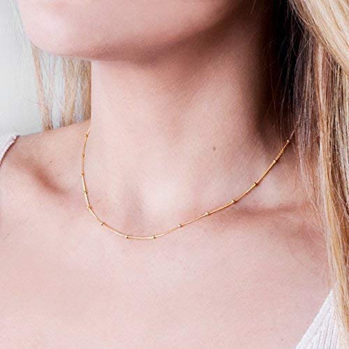 Dainty 14k Gold Filled Necklace - Designer Handmade Satellite Bead Choker Chain 15   2 inch Extender