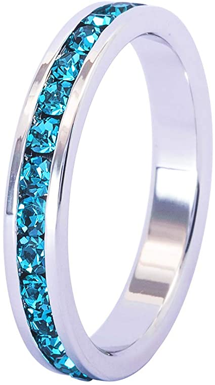Muses Art Design Birthstone Eternity Band Ring (Channel Set/Full Round), Stackable Fashion Ring with Swarovski Crystal Birthstone
