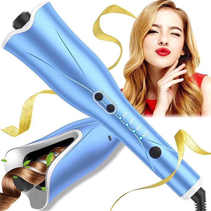 Automatic Curling Iron, Auto Hair Curler Wand with Large Rotating Barrel & 4 Temps & 3 Timers, Large Display Curling Iron with Dual Voltage, Auto Shut-Off, Fast Heating for Hair Styling (Blue)