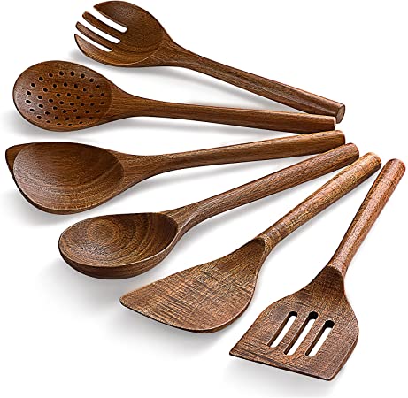 Wooden Spoons Utensils for Cooking Serving 6-Piece 12 Inch Round Handle Acacia Wood Non Stick Set