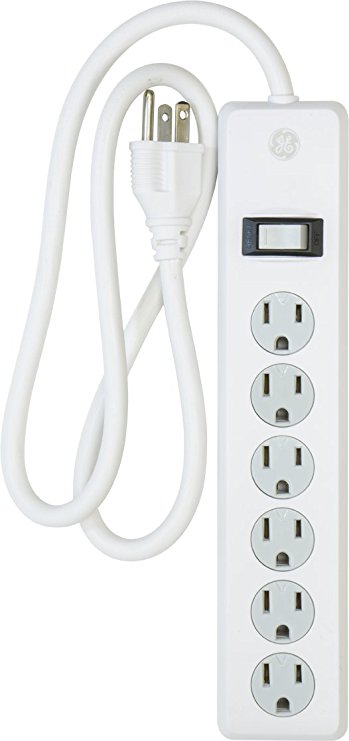 GE 14009 6-Outlet General Purpose Surge Protector, 450 Joules, 2 ft Cord, White, with Twist to Lock Safety Covers