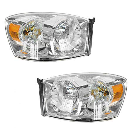 Headlights Headlamps w/Chrome Bezel Pair Set for 06-08 Dodge Ram Pickup Truck