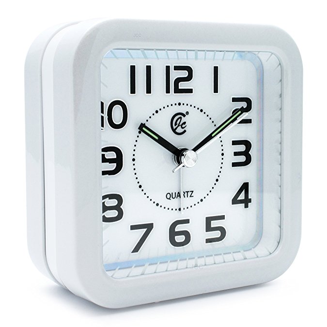 JCC Music Alarm sound silent LED night light Quartz Analog non ticking sweep second hand bedside alarm clock (White)