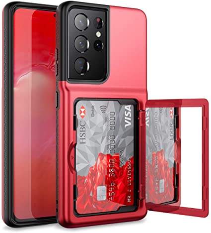 WeLoveCase for Samsung Galaxy S21 Ultra Wallet Case with Credit Card Holder & Hidden Mirror, Defender Protective Shockproof Heavy Duty Phone Cover for Samsung Galaxy S21 Ultra 5G, 6.8 inch Red