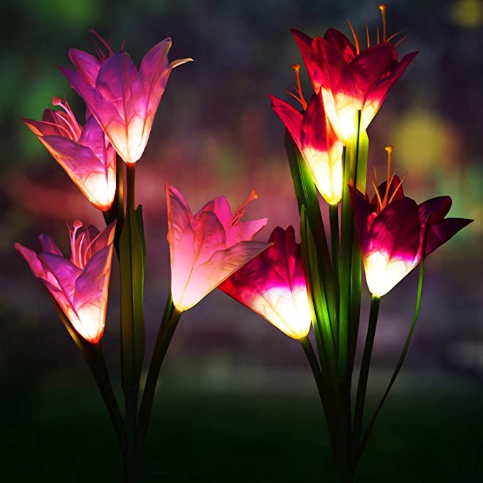 ETEPON Waterproof Solar Flowers Lights Outdoor Garden Stake Decoration Multi-Color Changing LED Lights with 2 Pack 8 Powered Lily Flowers for Garden, Patio,Path, Yard, Lawn