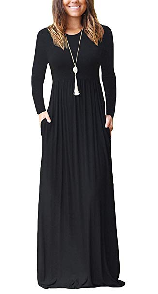 BISHUIGE Womens L-4XL Long Sleeve Loose Plain Casual Plus Size Dresses Long Maxi Dress Pockets
