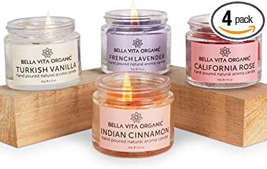 Bella Vita Organic Aroma Candles Soy Wax 4 X 60g each, Vanilla, Cinnamon, Lavender & Rose, Upto 15 hours, best gift