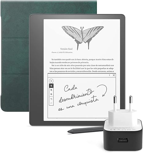 Kindle Essentials Bundle con Kindle Scribe 32 GB (Negro), lápiz premium, Funda de cuero prémium con tapa plegable y acople magnético de Amazon y Cargador Amazon PowerFast (9 W)