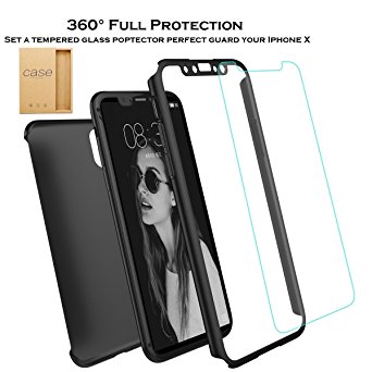 IPhone X Case 360° All-around Ultra Thin Full Body Coverage Protection Dual Layer Shell Hard Slim Case and Tempered Glass Screen Protector For iPhone X- Black