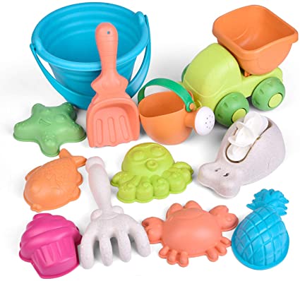 FUN LITTLE TOYS Kids Beach Sand Toy Set, Beach Bucket, Car, Watering Can, Shovel, Rake, Eco-Friendly Sandbox Toys Kids Outdoor Toys 12 Piece
