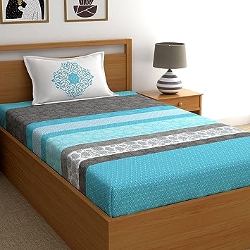 My Room 100% Cotton Single Bedsheet with 1 Pillow Cover Cotton, 140tc Floral Blue Bedsheets for Single Bed Cotton (4.9ft x 8.9ft)