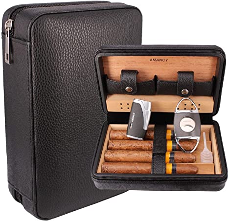 AMANCY Classic Black Leather 4 Cigar Travel Case Humidor with Cutter and Lighter Great Cigar Accessory Gift Set