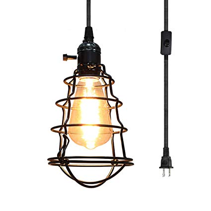 COOLWEST Industrial Plug In Pendant Light Vintage Edison Hanging Cage Pendant Lighting E26 Mini Pendant Light Fixture UL Listed 15Ft Cord On/Off Switch for Home Party Kitchen