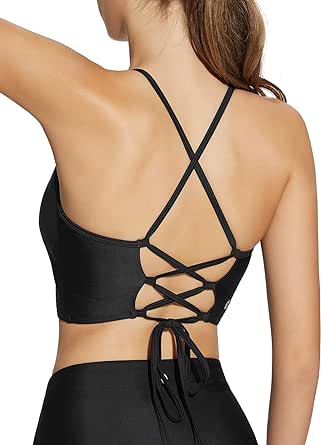 BALEAF Women's Longline Bikini Top Lace Up Crisscross Swim Crop Tops High Neck Swimsuit Bra Padded