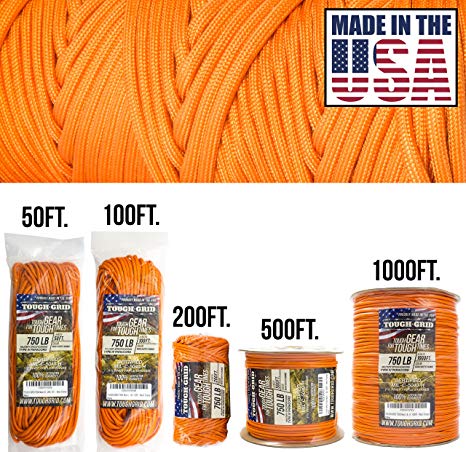 TOUGH-GRID 750lb Paracord/Parachute Cord - Genuine Mil Spec Type IV 750lb Paracord Used by the US Military (MIl-C-5040-H) - 100% Nylon - Made In The USA.