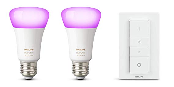 Philips Hue White and Colour Ambience Personal Wireless Lighting 2 x 9.5 W E27 Edison Screw LED Twin Pack Light Bulbs, Apple HomeKit Enabled, Works with Alexa with Hue Smart Wireless Dimmer Switch