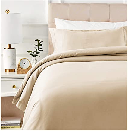 AmazonBasics 400 Thread Count Cotton Duvet Cover Set with Sateen Finish - Twin, Beige