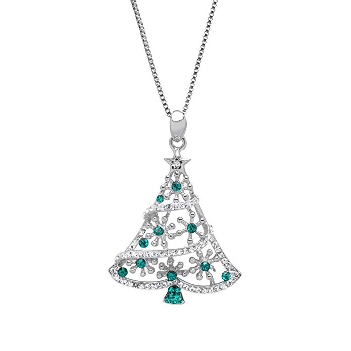 Christmas Tree Pendant Necklace with Forest & White Swarovski Crystals in Sterling Silver