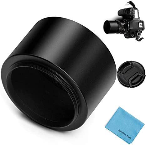 58mm Tele Metal Screw-in Lens Hood Sunshade with Centre Pinch Lens Cap for Canon Nikon Sony Pentax Olympus Fuji Sumsung Leica Camera   Cleaning Cloth