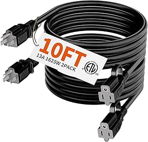 HUANCHAIN 10 ft (2pack) Indoor Outdoor Black Extension Cord Waterproof, 16/3 Gauge Flexible Cold-Resistant Appliance Cord Outside, 13A 1625W 16AWG SJTW, 3 Prong Heavy Duty Electric Cable, ETL