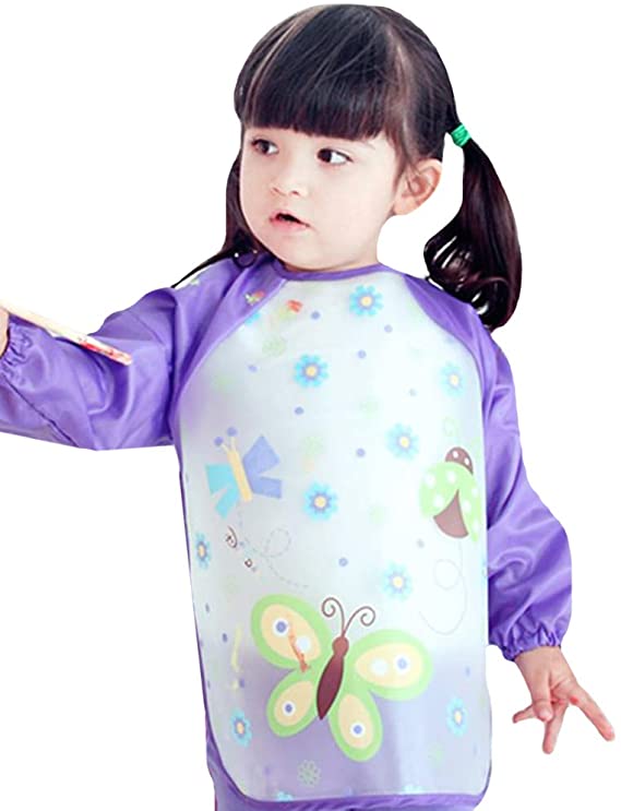 Aisa Children Kids Waterproof Long-Sleeved Smock Apron Bib for Eating Painting (Purple Butterfly)