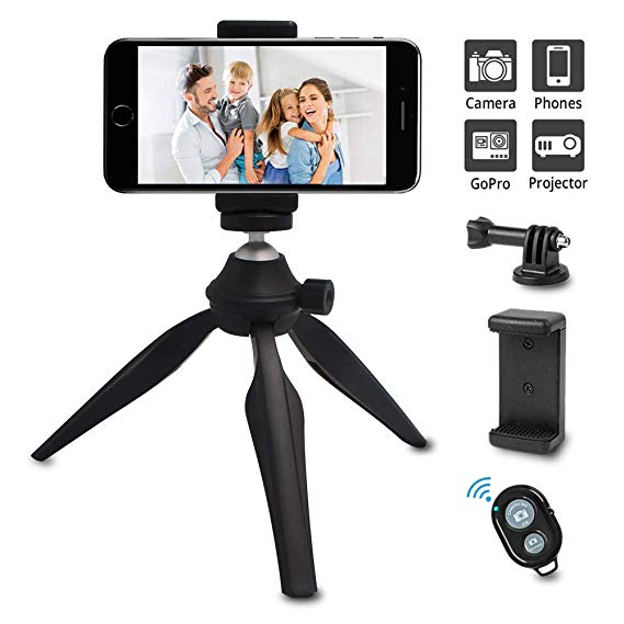 Mini Phone Tripod, LINKCOOL Lightweight Tabletop Tripod for IPhone Samsung Cellphone Camera DSLR Gopro with 360 Rotating Metal Ball Head & Universal Phone Mount Holder & Wirless Remote Control - Black