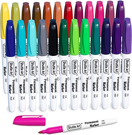 Permanent Markers, 24 Colors Fine Point Assorted Colors Permanent Marker Set, Works on Plastic,Wood,Stone,Metal and Glass for Doodling, Coloring, Marking by Shuttle Art