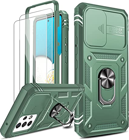 LeYi Galaxy A53 5G Case, Samsung A53 5G Case with Slide Camera Cover   [2 Packs] Tempered Glass Screen Protector, 360 Full Body Military-Grade Phone Case with Kickstand for Galaxy A53 5G, Green